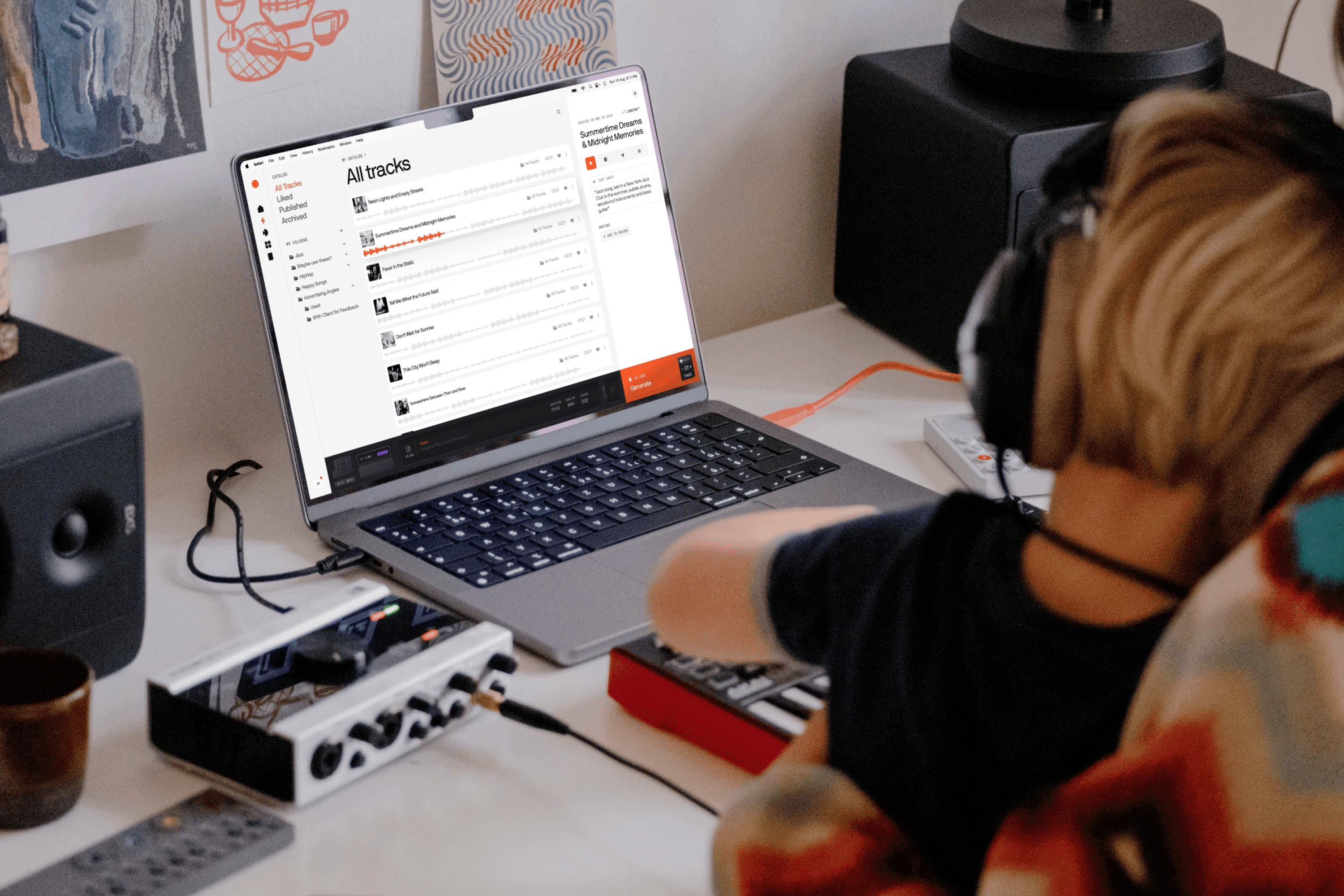 A photo of a person at a desk wearing headphones, working on a laptop that displays the JEN app’s track list beside studio gear.