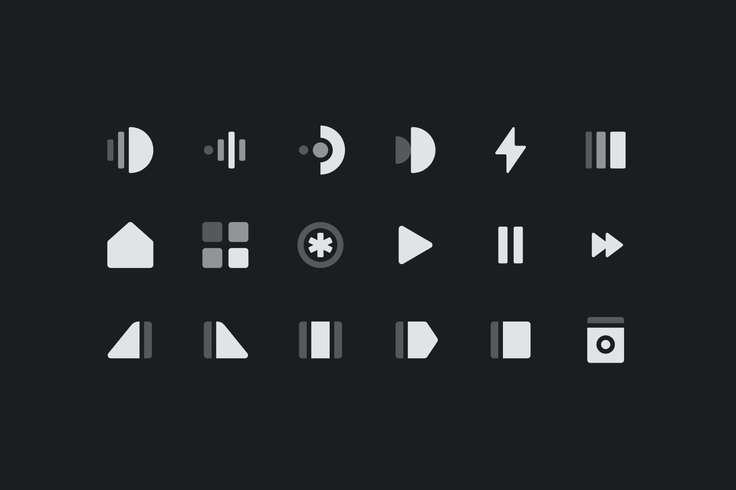 A dark grid of minimalist white app icons — dials, play, pause, and geometric shapes.