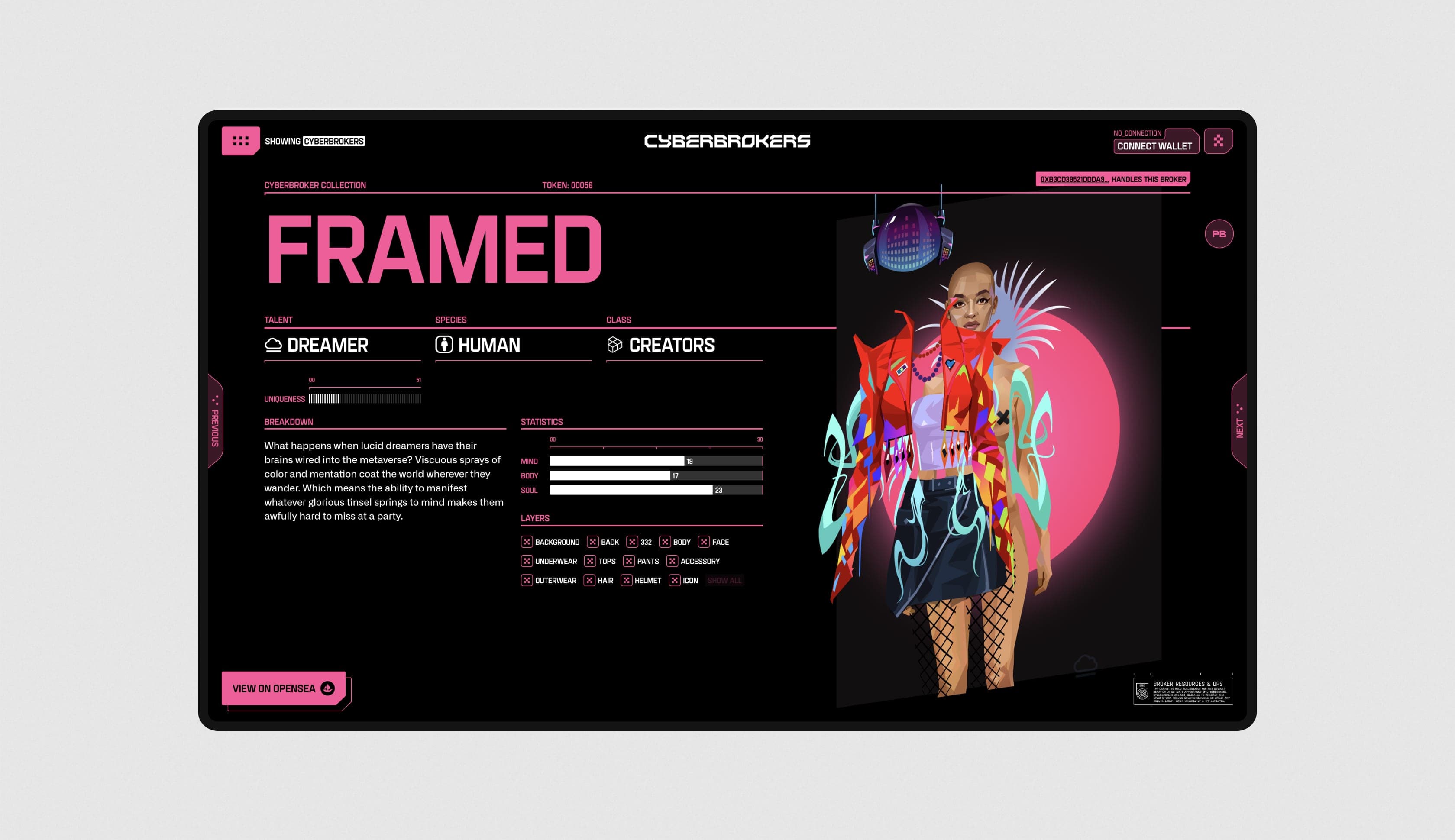 Cyberbrokers character profile UI for Framed, with neon pink accents, Dreamer talent stats, layered traits, and a View on OpenSea button.