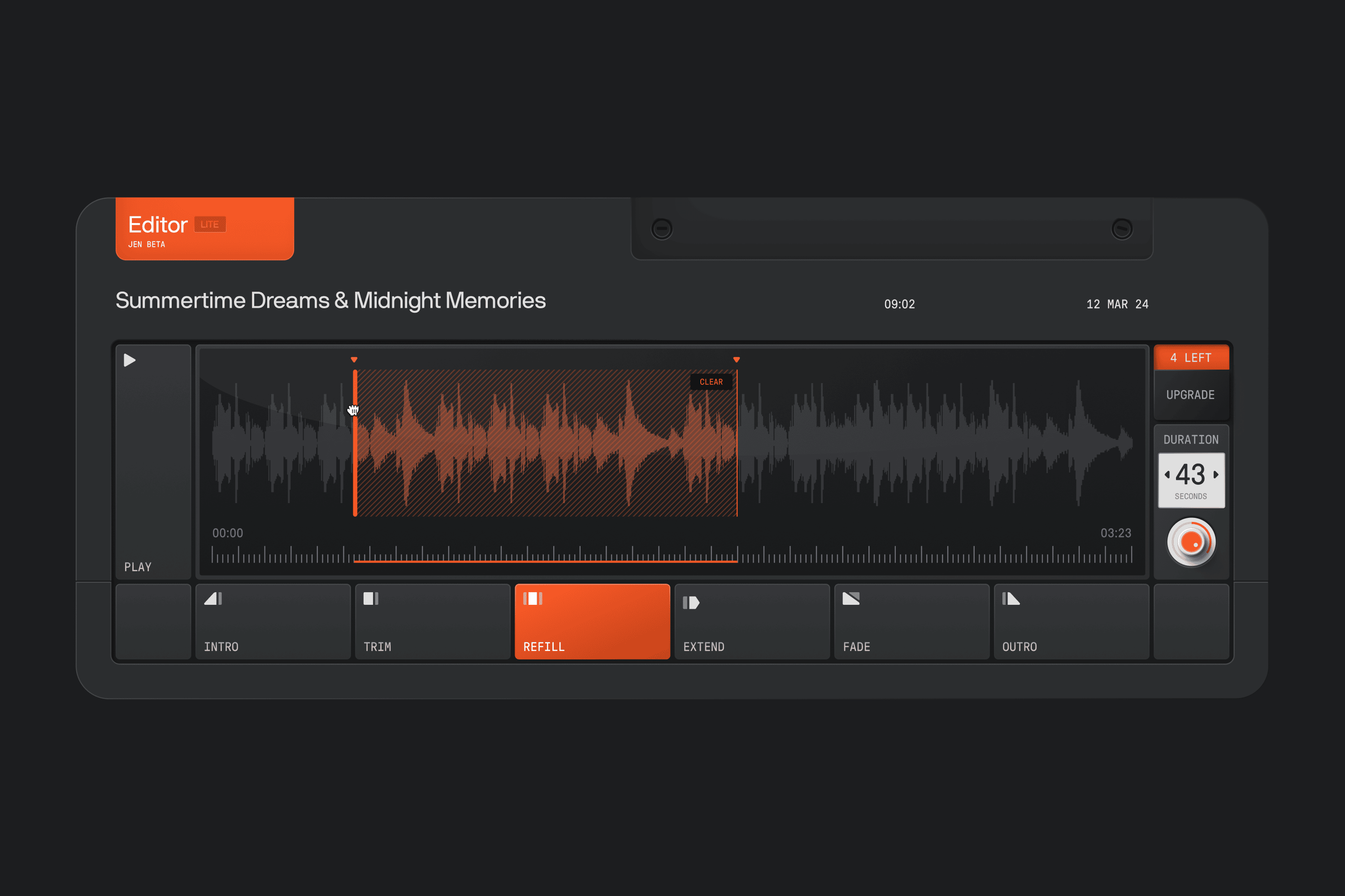 The JEN audio editor showing the “Summertime Dreams & Midnight Memories” waveform on a timeline with labeled sections.
