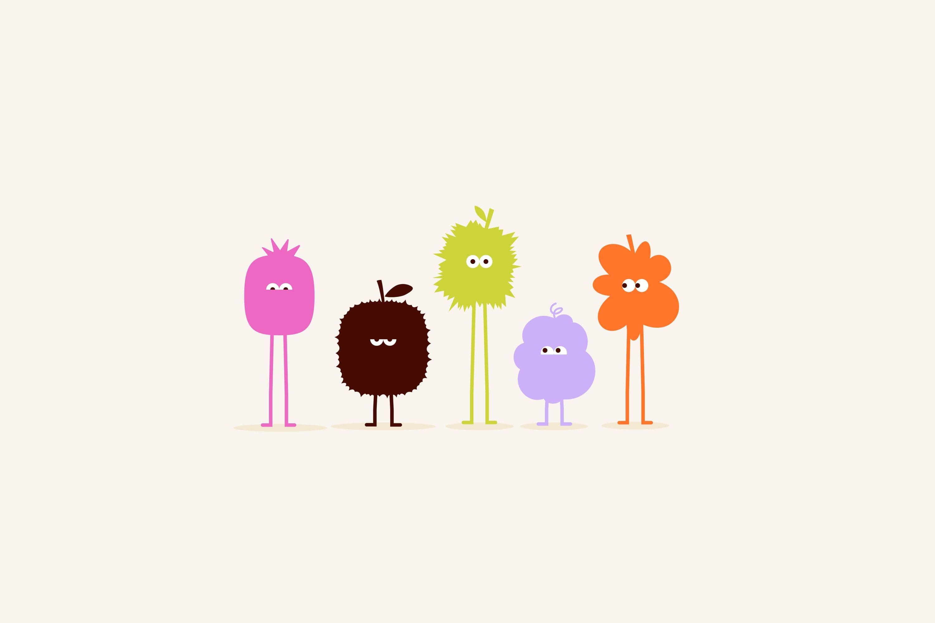 Five whimsical fruit- and plant-inspired cartoon characters with thin stick legs standing in a row on a cream background.