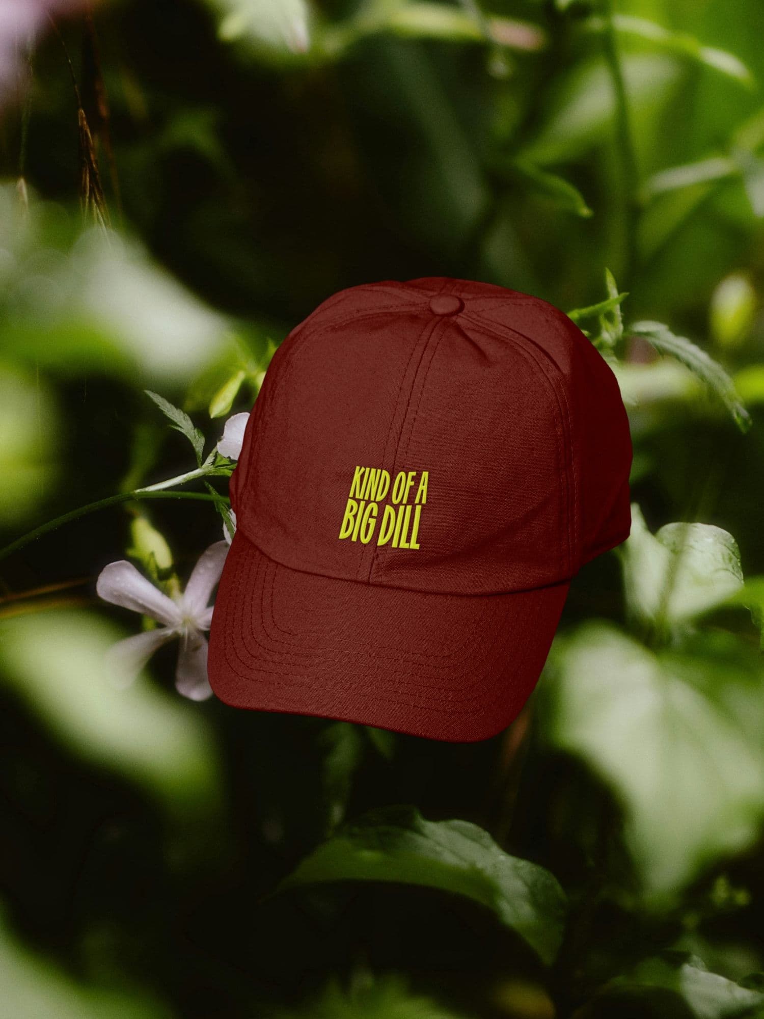 Maroon baseball cap embroidered KIND OF A BIG DILL in yellow, photographed against soft-focus green garden foliage.