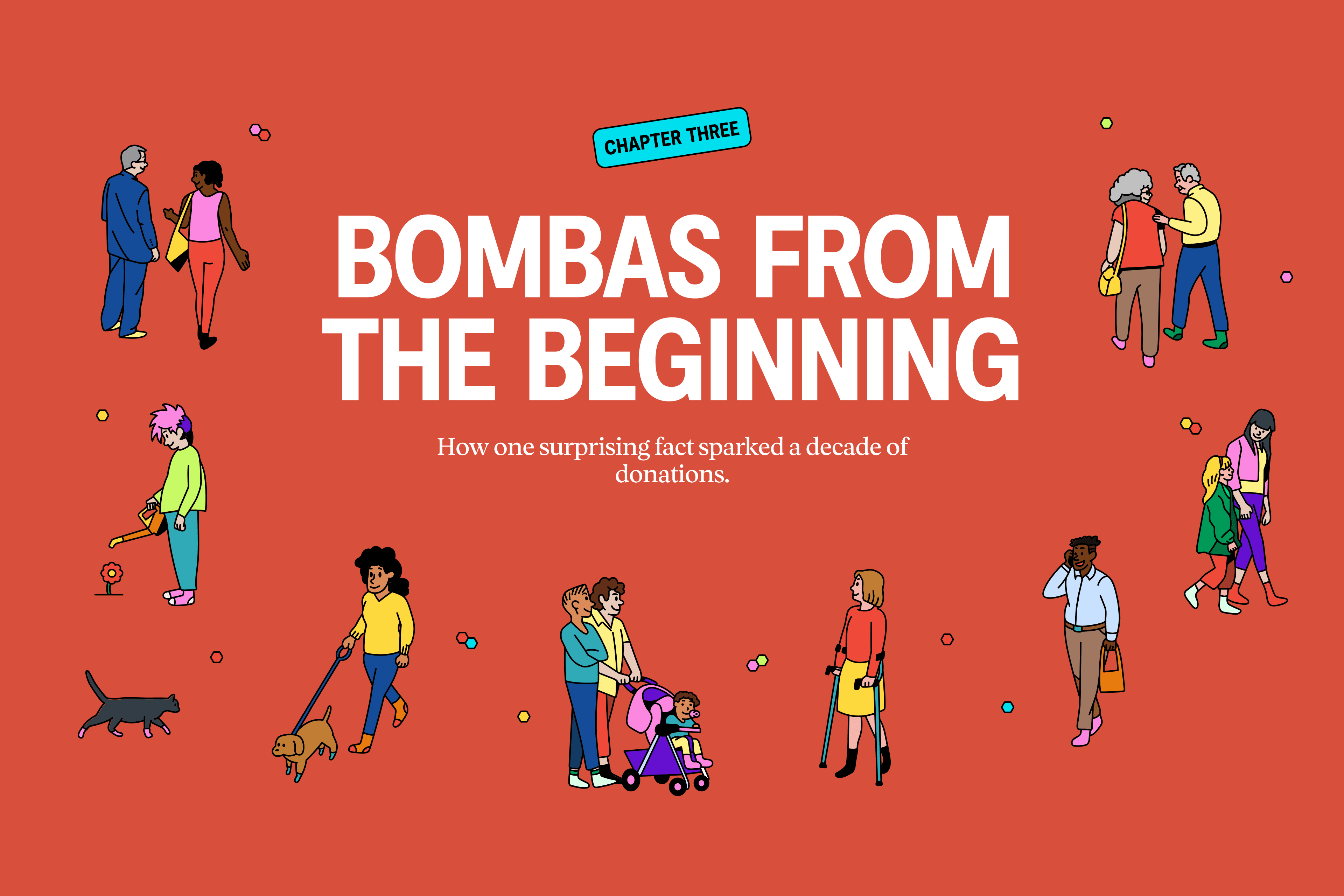 A red-orange Chapter Three cover reading “Bombas From the Beginning” with the subhead “How one surprising fact sparked a decade of donations,” surrounded by illustrated people, a dog, and a cat.