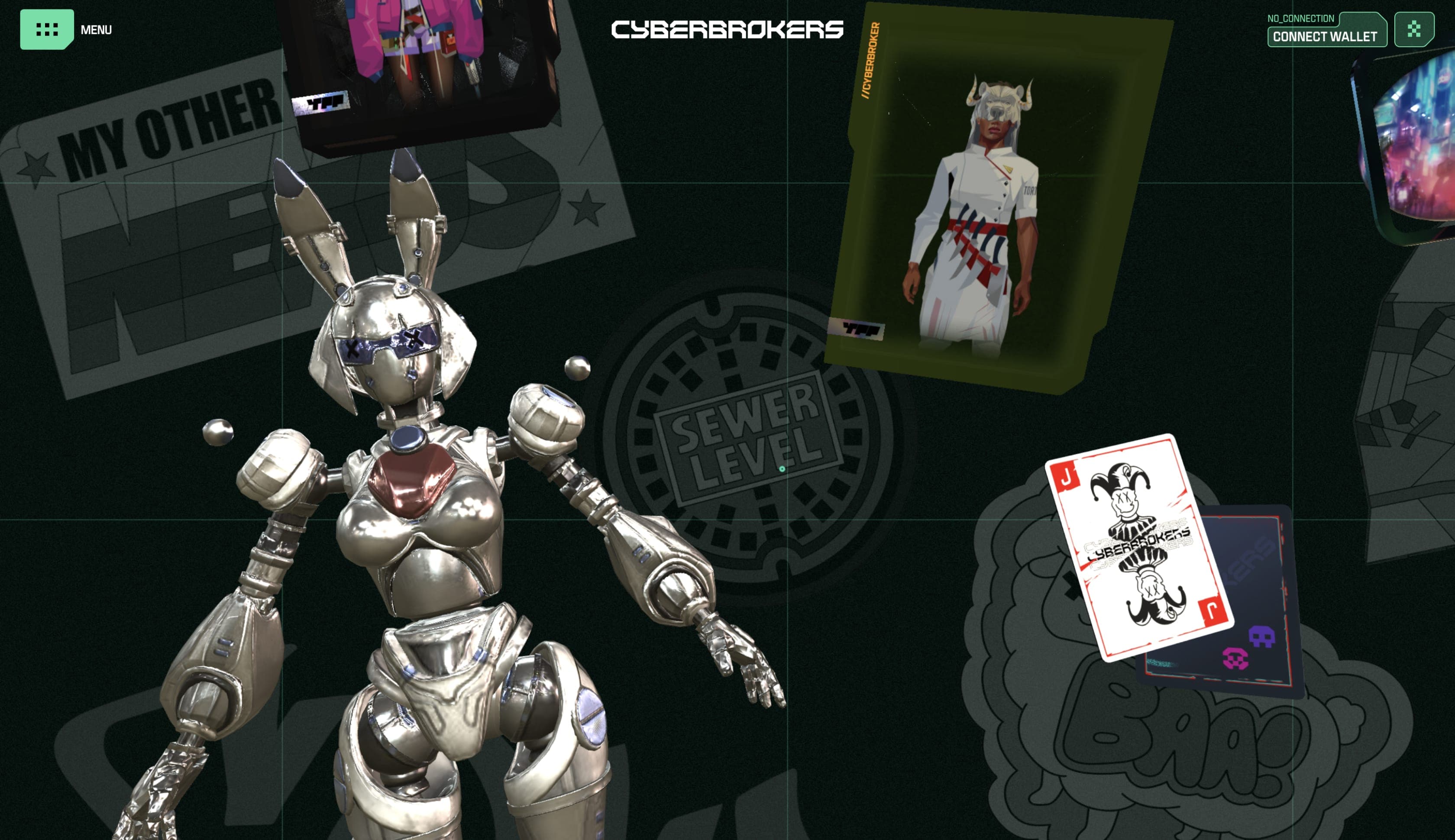 CyberBrokers website hero with a chrome rabbit-eared robot, floating character card, Connect Wallet control, and sticker overlays on a dark grid.