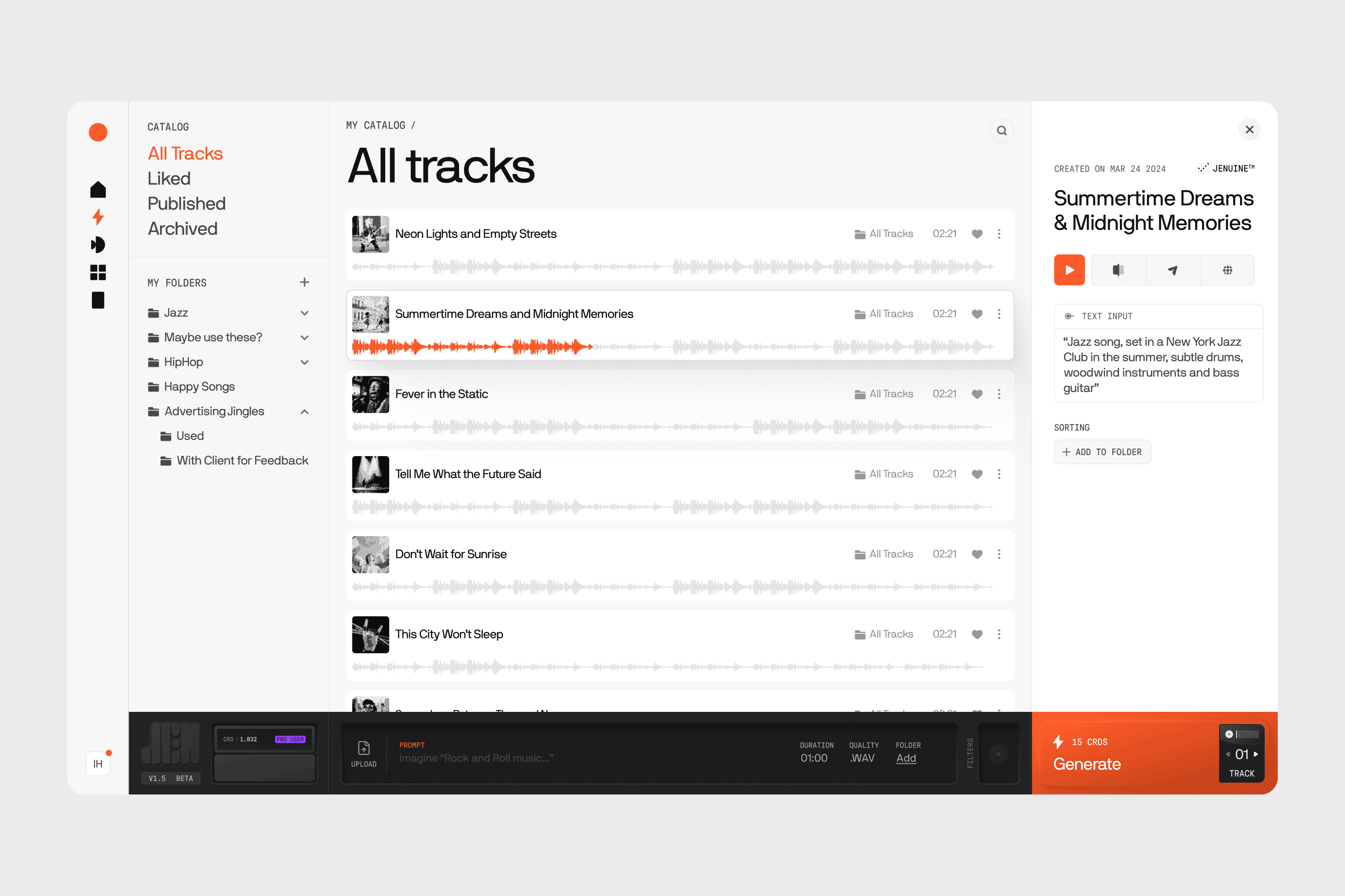 A light desktop screenshot of the JEN app’s “All tracks” library with a “Summertime Dreams & Midnight Memories” now-playing panel.
