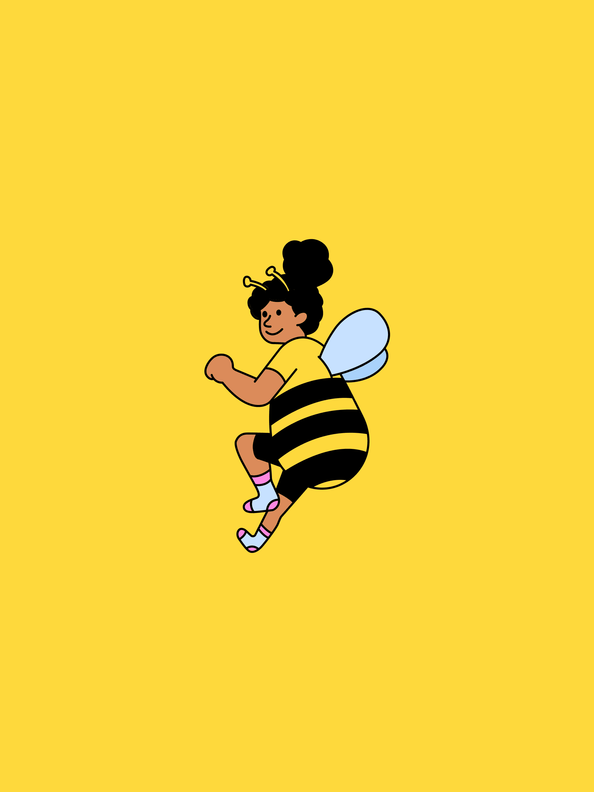 A cartoon figure with a dark top-bun leaps mid-air in a black-and-yellow striped bee costume with pale blue wings on a plain yellow background.