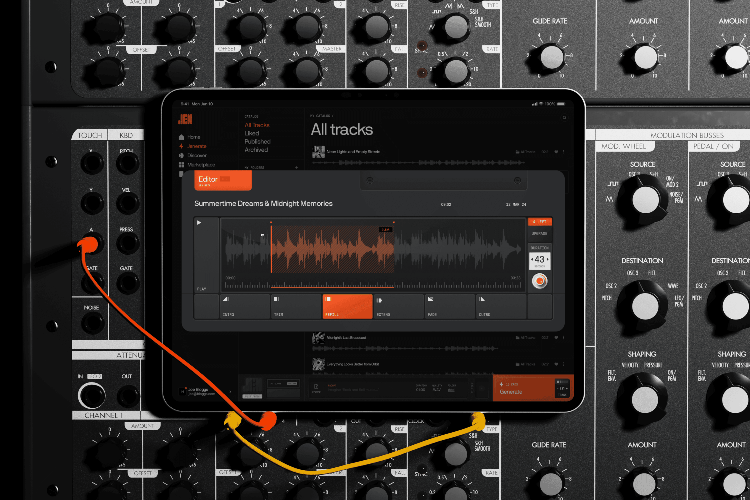 A tablet running the JEN “All tracks” editor rests on a modular synthesizer threaded with orange patch cables.