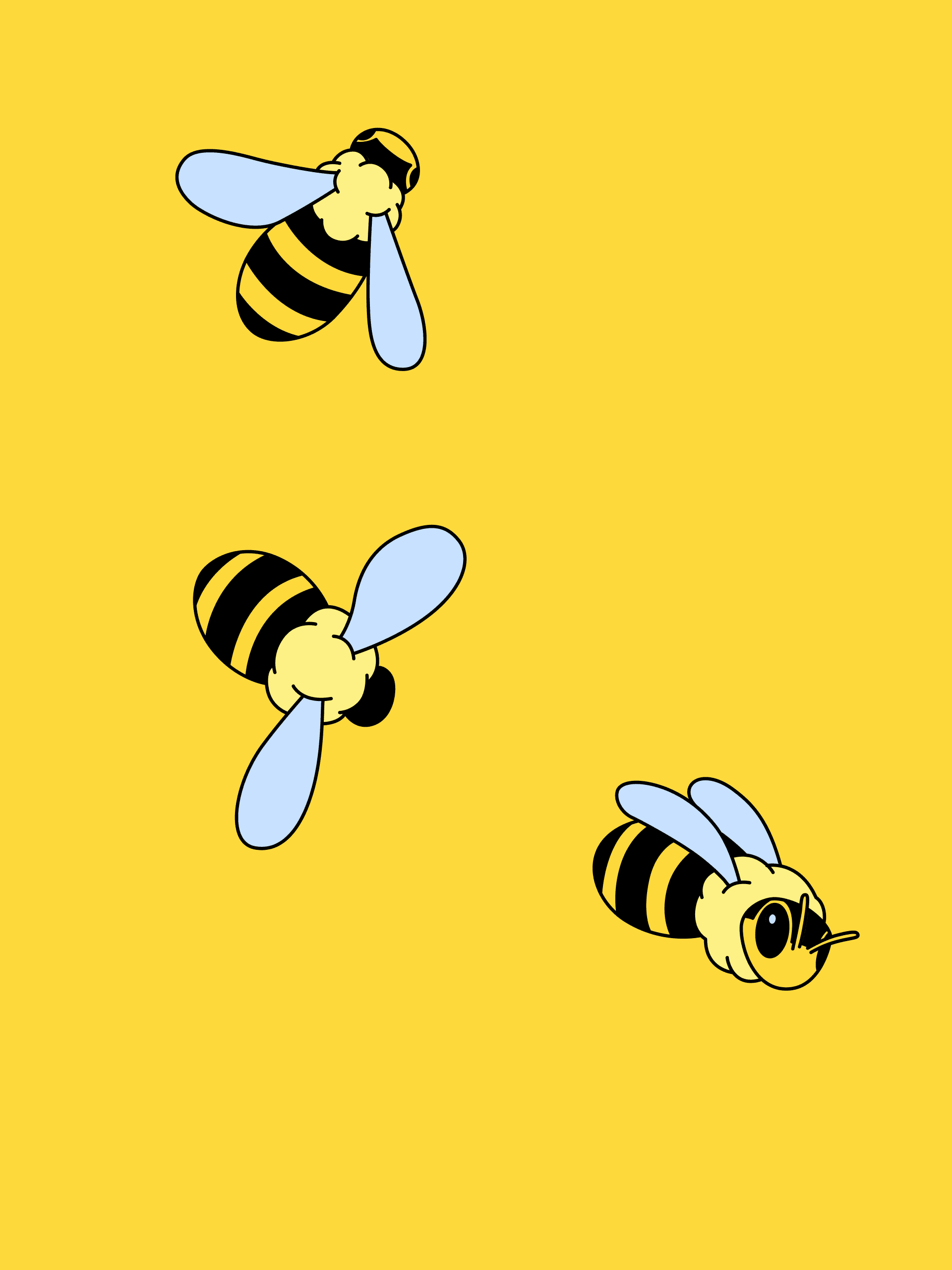 Three cartoon honeybees with black-and-yellow striped bodies and pale blue wings arranged diagonally on a plain yellow background.