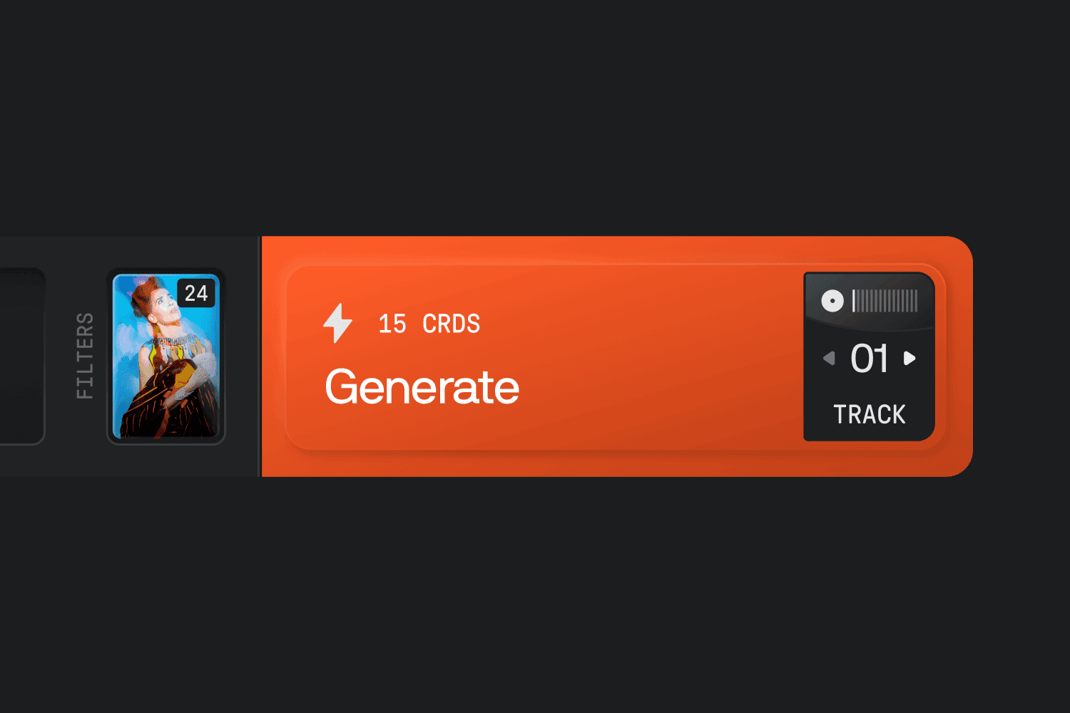 A close-up of the orange “Generate” button showing “15 CRDS” and “Track 01” beside a filter thumbnail.