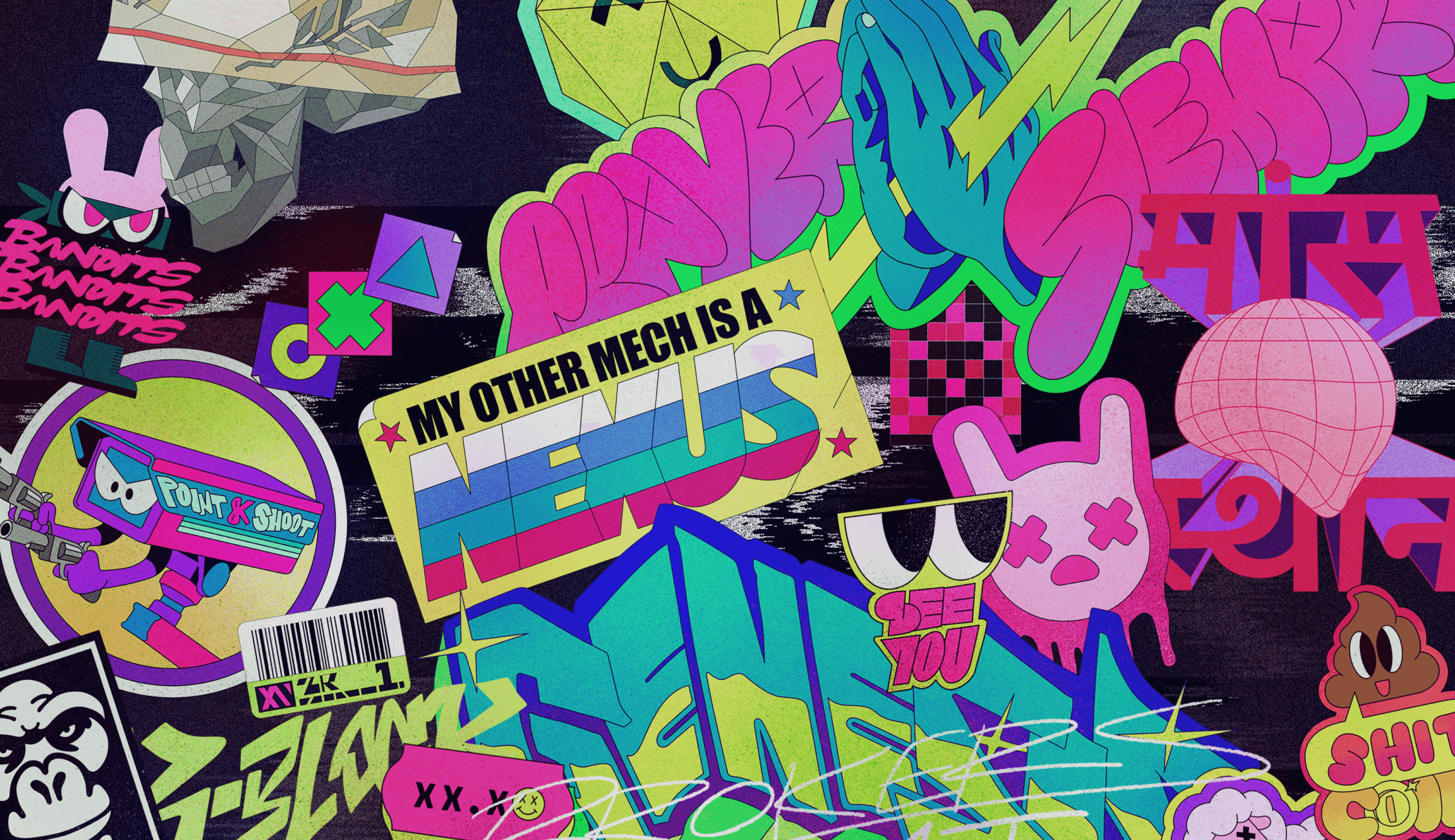 Dense cyberpunk sticker-bomb collage with neon graffiti, praying hands, cartoon cameras, bunny heads, and stickers reading MY OTHER MECH IS A NEXUS and BROKERS.