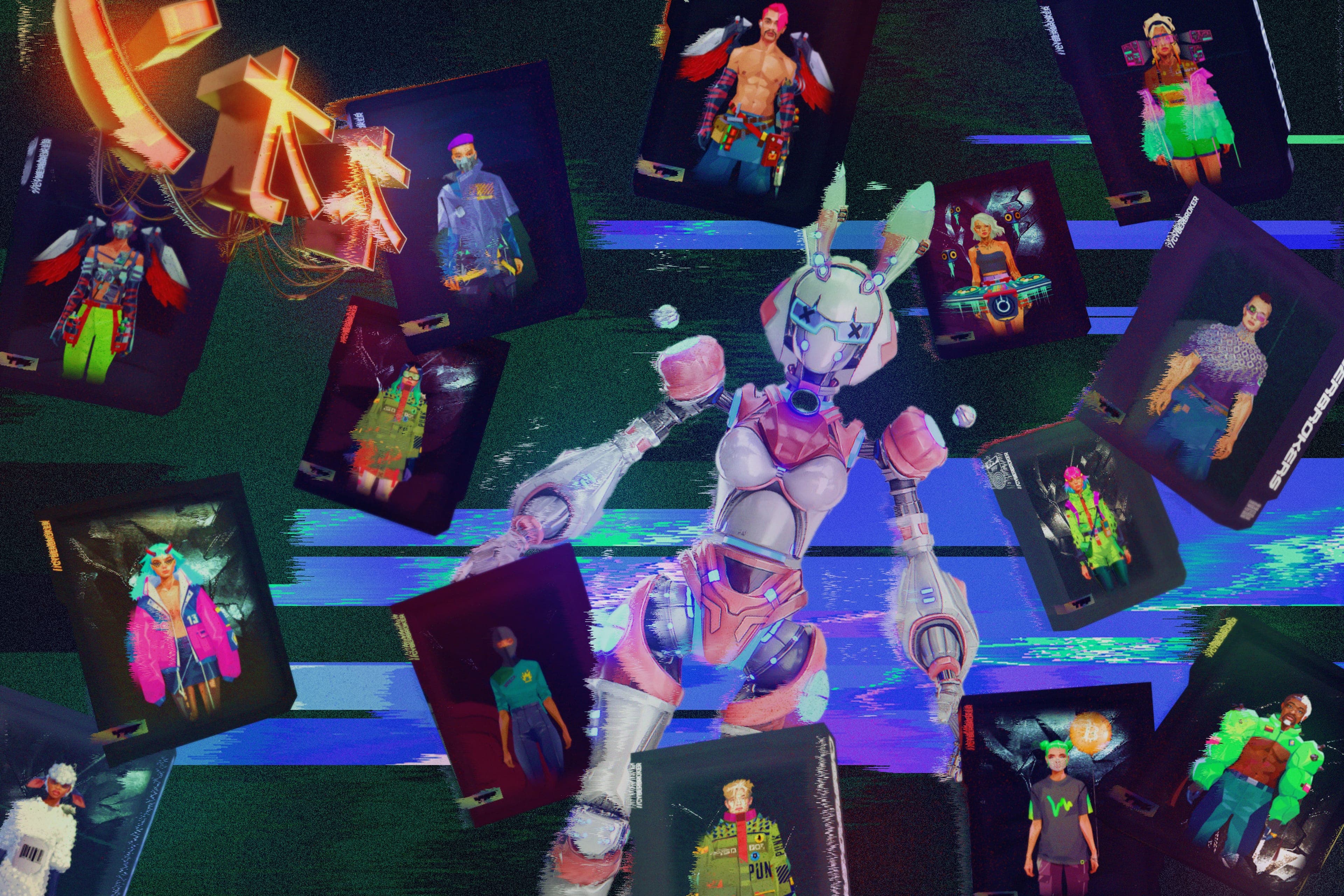 Cyberpunk collage with a pink-and-white rabbit-eared robot surrounded by floating character cards on a dark glitched background.