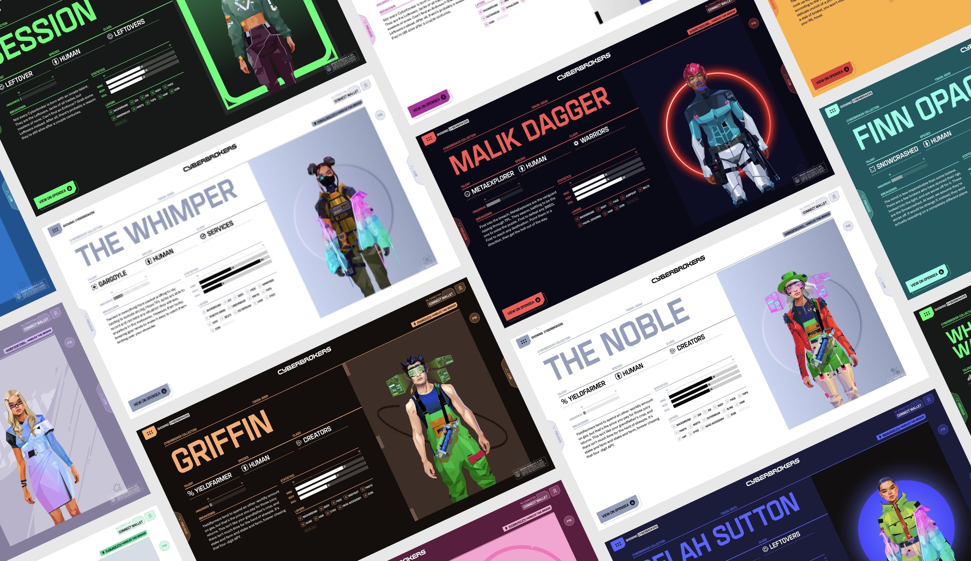 Collage of Cyberbrokers character profile screens showing varied light and dark themes with stats, bios, and cyberpunk character art.