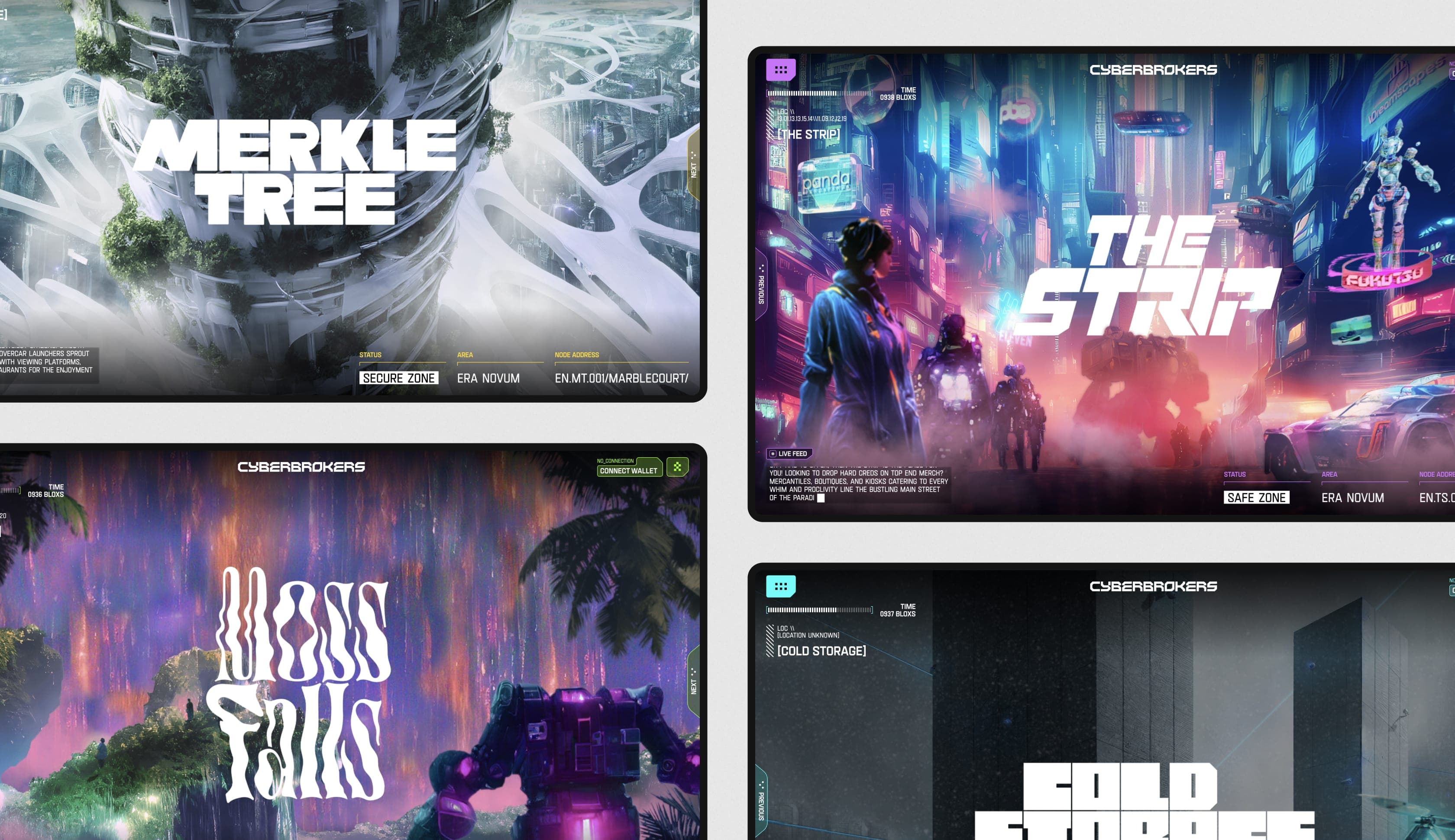 Four Cyberbrokers location concepts—Merkle Tree, The Strip, Moss Falls, and Cold Storage—each with futuristic UI chrome and environment art.