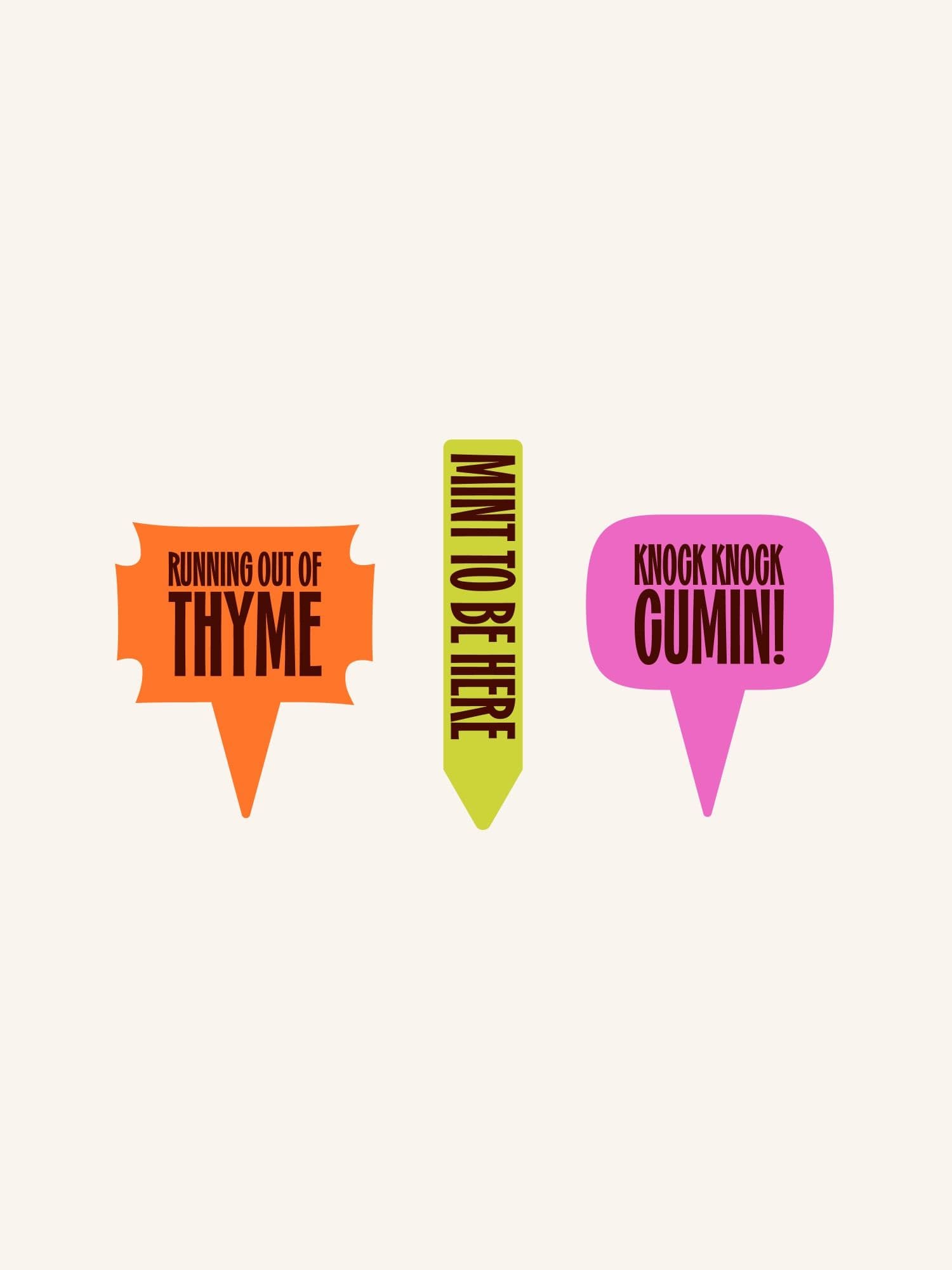 Three playful herb plant markers on cream: RUNNING OUT OF THYME, MINT TO BE HERE, and KNOCK KNOCK CUMIN!