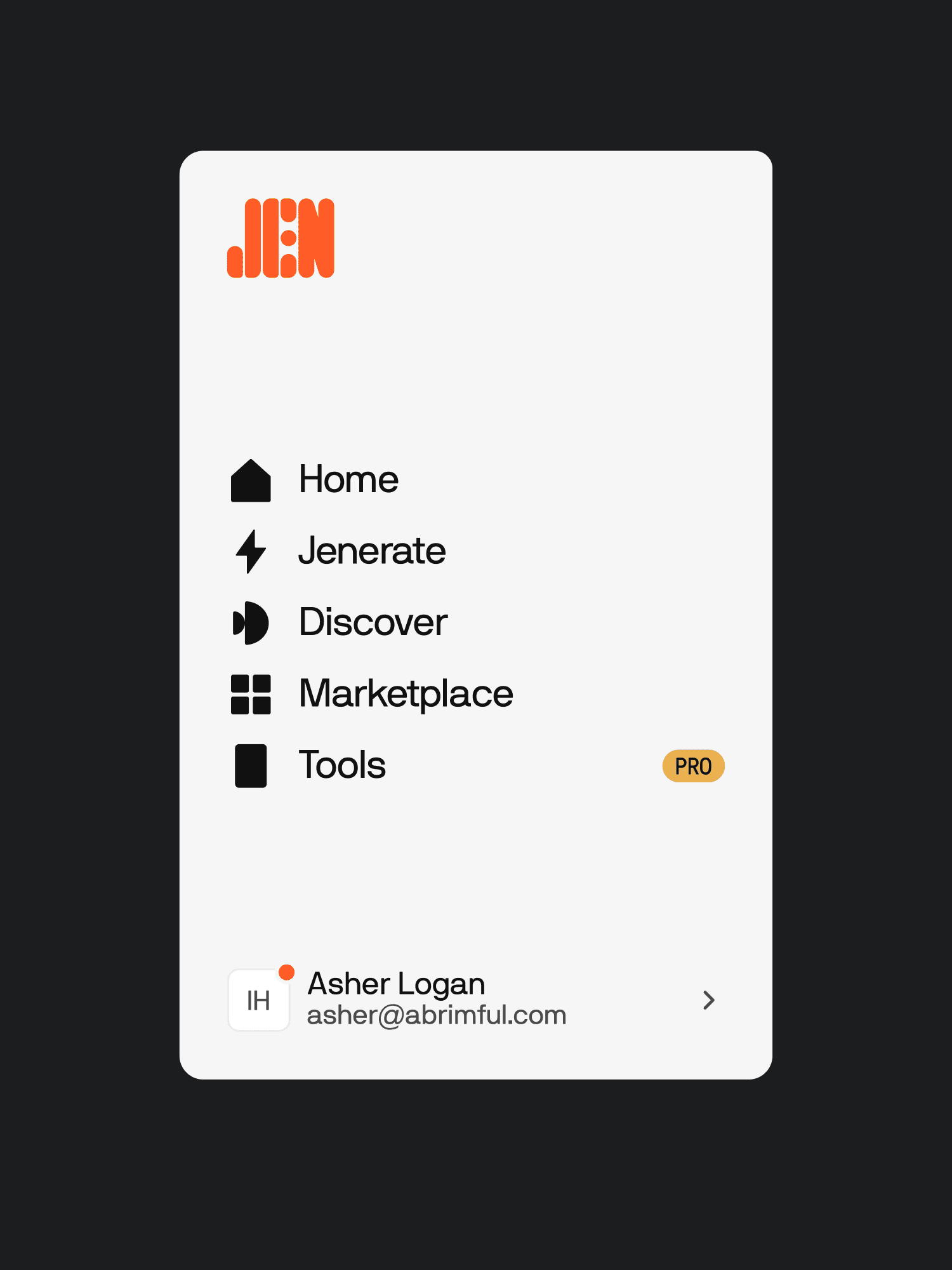 A mobile navigation menu listing Home, Jenerate, Discover, Marketplace, and Tools, with an “Asher Logan” Pro user at the bottom.