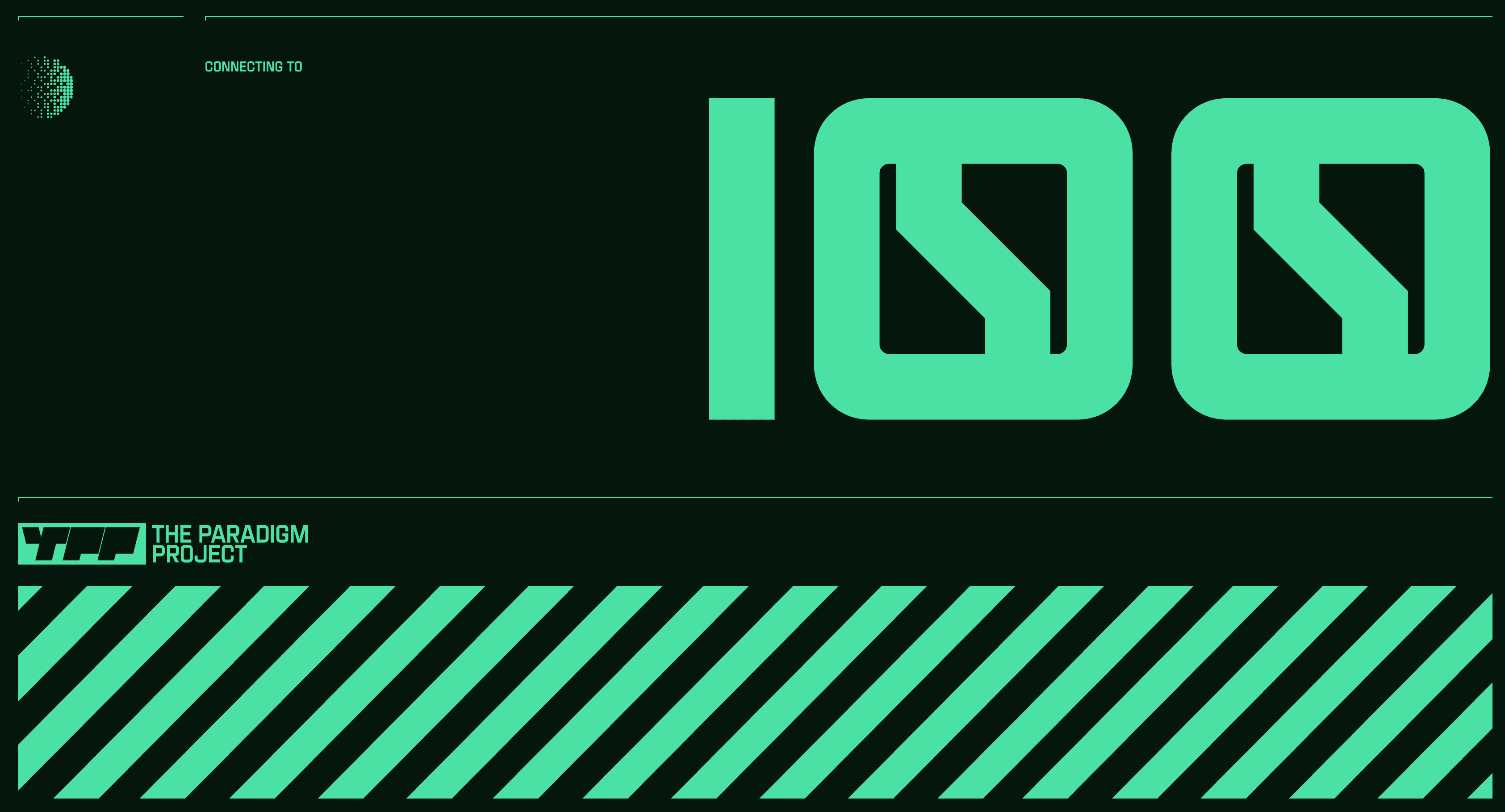 The Paradigm Project graphic with a large mint-green 100, TPP logo, and diagonal hazard stripes on black.